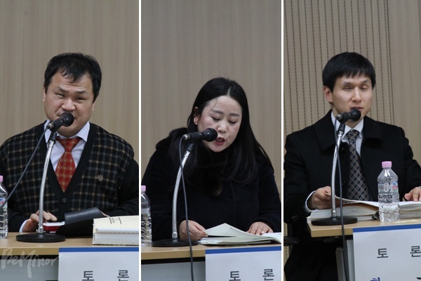 안익태 사무국장(왼쪽), 박옥련 교수(가운데), 허병훈 교사(오른쪽). 각각 점자 사용자, 점역사, 교육계의 입장에서 개정안 내용을 평가했다.