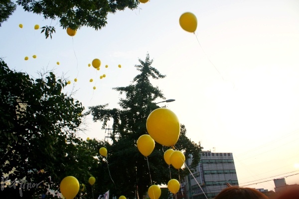 집회 말미에 두 교사의 복직을 희망하며 참석자들이 노란 풍선을 하늘 위로 날리고 있다.