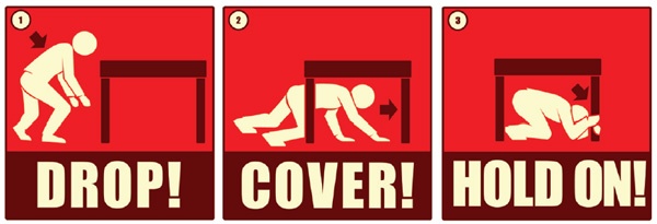 지진 발생시 행동 요령. '내려가기-들어가기-붙잡기' ⓒearthquake country alliance