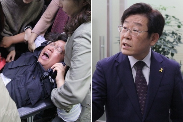 지난 10월 31일, 성남시 장애인콜택시 요금인상에 반대 농성을 벌이다 끌려 나오는 장애인 활동가(왼쪽)와 이재명 성남시장(오른쪽).