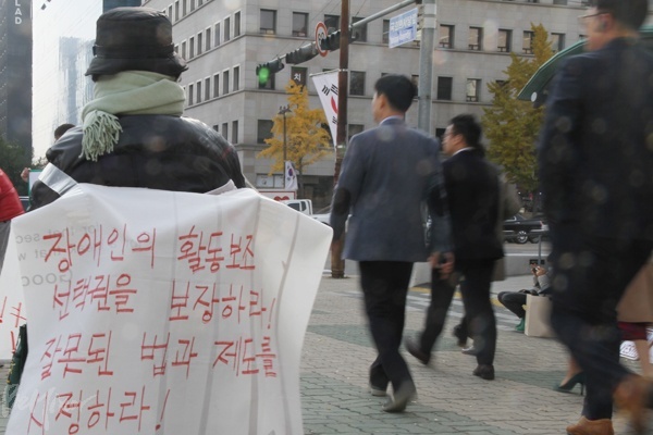최선자 씨가 뒷면에 '장애인의 선택권을 보장하라' '잘못된 법과 제도를 시정하라'고 적힌 천을 걸치고 있는 모습.