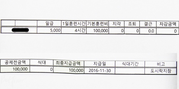 미진 씨에게 발급된 11월 훈련비 명세서 띠지.