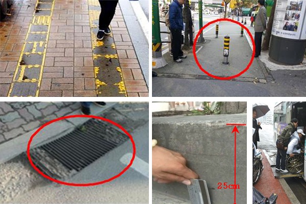 경기도 감사에서 지적된 경기 북부 10개 지역 장애인·노인 보호구역 이동편의시설의 문제점. (왼쪽 위부터 시계 방향) 오목한 부분이 뜯겨져 나간 점자 블록, 충격 흡수가 어려운 재질로 만들어진 볼라드, 저상버스 리프트를 내리기 어려울 만큼 높은 보도 턱, 휠체어 바퀴가 낄 수 있는 횡단보도 앞 배수로 덮개. ⓒ경기도