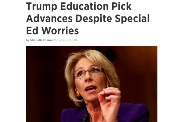 트럼프 미 대통령이 임명한 벳시 데보스 미 교육부 장관 내정자의 자질 논란이 뜨겁다. 미국 장애계 언론사 '디스어빌리티 스쿱(Disability Scoop)'은 "특수교육계의 우려에도 불구하고 트럼프표 교육이 한 발 내딛다"는 제목의 기사를 냈다. Disability Scoop 기사 화면 갈무리. 