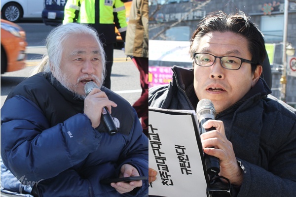 기자회견에서 발언하고 있는 박경석 대표(왼쪽)와 정중규 위원장(오른쪽)