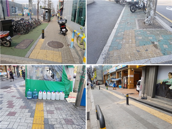 선형 점자블록이 볼라드에 가로막힌 보도(왼쪽 위), 돌기가 닳은 점자블록(오른쪽 위), 노점상에 가로막힌 점자블록(왼쪽 아래). 이와 반대로 점자블록이 연속적으로 설치된 성신여대역 부근 보도(오른쪽 아래). ⓒ한국시각장애인연합회