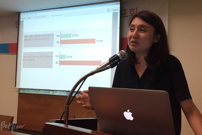 한국HIV/AIDS감염인연합회 KNP+는 12일 정동 프란치스코 교육관에서 한국HIV낙인지표조사 한국 보고서 발간 기념 발표회를 열었다. 연구 책임자로 참여한 서보경 연세대학교 문화인류학과 조교수가 결과를 발표하고 있다. 