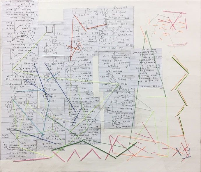수학공식 | 김현우, 캔버스에 수학노트, 실, 530x455mm, 2016