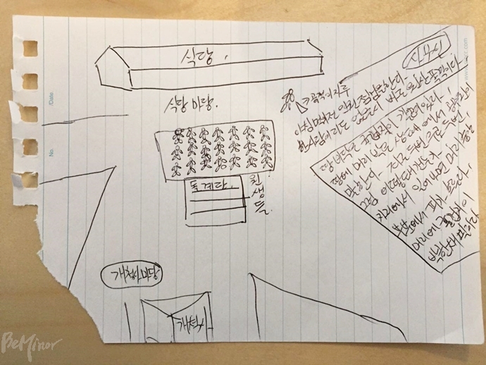 오광석 씨가 선감학원에서의 생활을 떠올리며 직접 그린 그림 2. (그림 설명 : "아침 먹기 전 인원 점검을 한다. 한 사람이라도 없을 시 바로 원산폭격이다. 땅바닥은 굴껍질이 깔려 있다. 땅에 머리박은 상태에서 공무원이 말한다. 좌로 두번 우로 두번. 그럼 어떻게 되겠는가. 자리에서 일어나면 머리 중앙 부분에서 피가 흐른다. 머리에 굴껍질이 박힌채 말이다.")