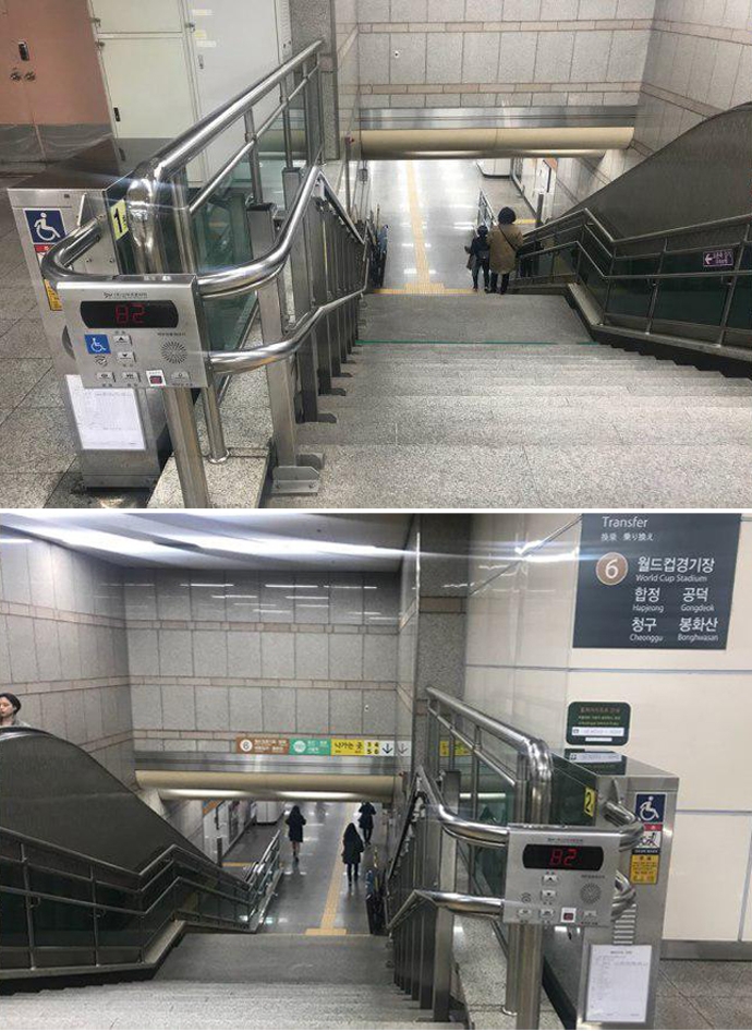 디지털미디어시티역에서 6호선을 이용하기 위한 이동구간에는 양방향 모두 휠체어리프트가 설치돼 있다. (사진 제공 : 장애인차별금지추진연대)