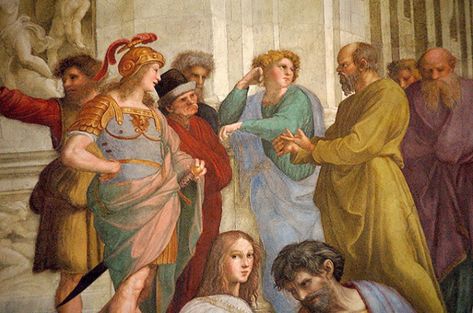 라파엘로, <아테네학당> 중 일부. 노란색 옷을 입은 사람이 소크라테스.