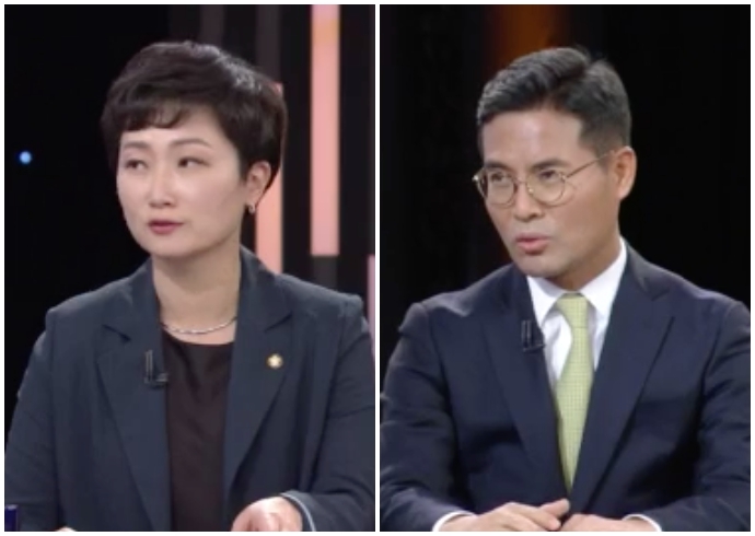 27일, KBS KBS 심야토론에 차별금지법 제정 반대 패널로 참여한 이언주 의원(왼쪽)과 조영길 변호사(오른쪽). KBS 방송 화면 갈무리.