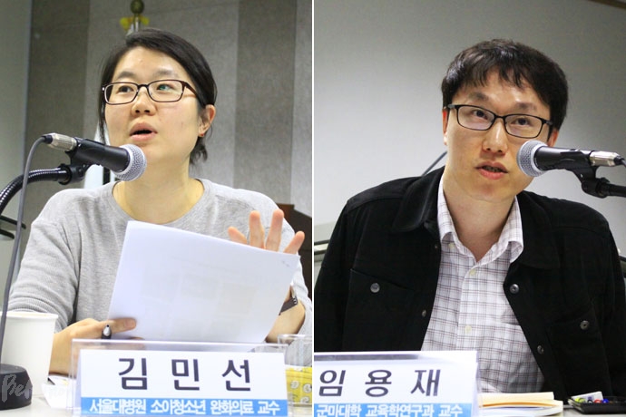 (왼쪽에서부터) 호주 사례를 발표한 김민선 서울대병원 소아청소년 교수, 일본 사례를 발표한 임용재 일본 군마대학 교육학연구과 교수 (왼쪽에서부터) 호주 사례를 발표한 김민선 서울대병원 소아청소년 교수, 일본 사례를 발표한 임용재 일본 군마대학 교육학연구과 교수