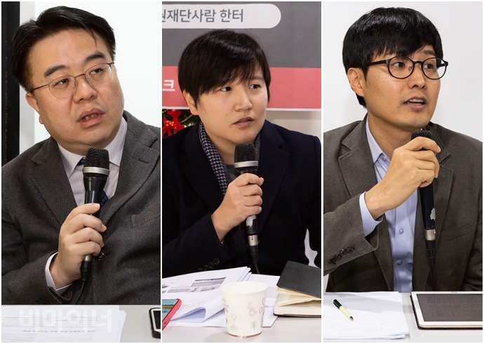 왼쪽부터 엄중식 가천대학교 길병원 감염내과 의사, 류민희 공익변호사모임 희망을만드는법 변호사, 김승섭 고려대학교 보건과학대학 교수