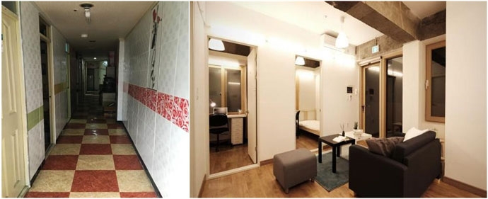 서울시가 지원하여 리모델링한 고시원, 전(왼쪽)과 후(오른쪽). (출처=서울시 보도자료, 2017.5.8.) 서울시가 지원하여 리모델링한 고시원, 전(왼쪽)과 후(오른쪽). (출처=서울시 보도자료, 2017.5.8.)