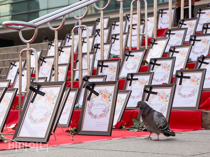 ‘2018 홈리스 추모제 공동기획단’은 17일 오후 2시 서울역 광장에서 홈리스 추모주간의 시작을 알리는 기자회견을 열었다. 서울역 광장 앞 계단에 홈리스 추모공간 ‘홈리스 기억의 계단’이 펼쳐져 있고, 그 옆에 비둘기 한 마리가 앉아 있다. 