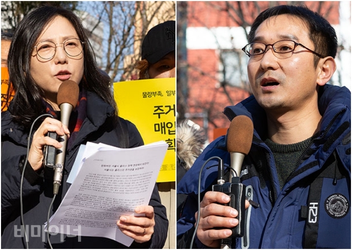 김선미 노숙인인권공동실천단 겸 서울주거복지센터장, 이동현 홈리스행동 활동가(왼쪽부터)