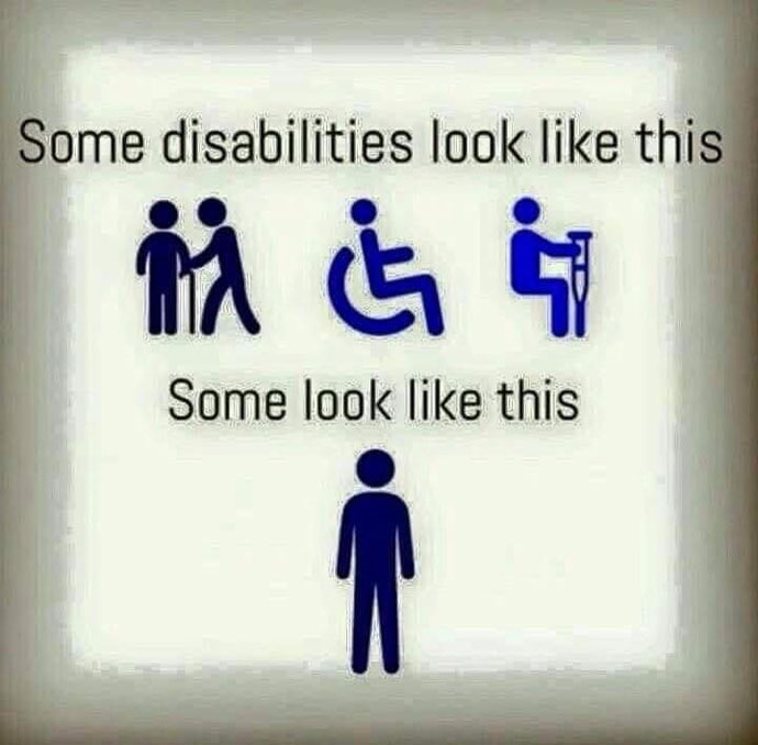 모든 장애가 가시적인 건 아니다. "Some disabilities look like this. (어떤 장애는 가시적으로 보인다)"라고 적힌 것 아래에 지팡이를 짚고 활동보조를 받는 사람, 휠체어를 탄 사람, 목발을 짚은 사람이 있고, 그 아래에는 어떠한 보조도구도 사용하지 않는 사람의 그림에 "Some look like this. (어떤 장애는 가시적으로 보이지 않는다)"라고 적혀 있다. (사진 : 해외 만성질환 커뮤니티) 모든 장애가 가시적인 건 아니다. "Some disabilities look like this. (어떤 장애는 가시적으로 보인다)"라고 적힌 것 아래에 지팡이를 짚고 활동보조를 받는 사람, 휠체어를 탄 사람, 목발을 짚은 사람이 있고, 그 아래에는 어떠한 보조도구도 사용하지 않는 사람의 그림에 "Some look like this. (어떤 장애는 가시적으로 보이지 않는다)"라고 적혀 있다. (사진 : 해외 만성질환 커뮤니티)
