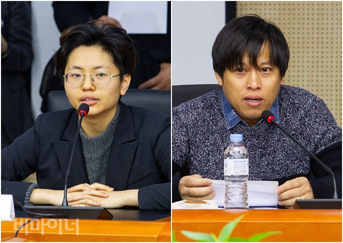 김여진 한국사이버성폭력대응센터 피해지원국장(왼쪽)과 소모두 미얀마노동자복지센터 운영위원장(오른쪽)이 혐오차별 사례를 발표하는 모습. 김여진 한국사이버성폭력대응센터 피해지원국장(왼쪽)과 소모두 미얀마노동자복지센터 운영위원장(오른쪽)이 혐오차별 사례를 발표하는 모습.