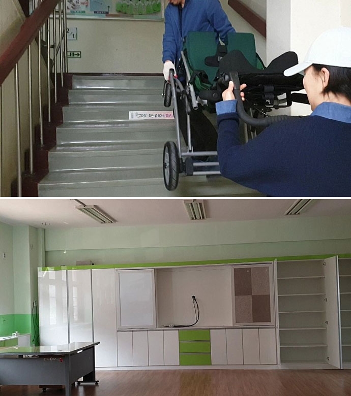 3월 4일 등서초등학교 입학식 날의 모습. (위) 학교 관계자의 도움을 받아 어머니 심정선 씨가 아이의 휠체어를 들고 계단을 오르고 있다. (아래) 책상과 교구 없이 여전히 공사 중인 특수학급 교실의 모습. (사진 제공 : 심정선 씨)