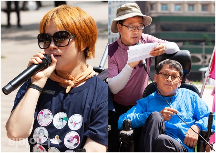 문애린 서울장애인차별철폐연대 공동대표(왼쪽)와 황인현 김포장애인자립생활센터 활동가(오른쪽)가 발언하고 있는 모습. 사진 박승원