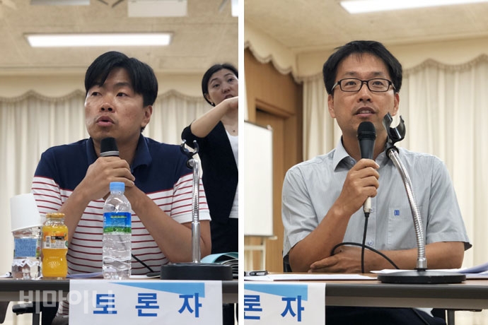 (왼쪽) 조현수 전국장애인차별철폐연대 정책조직실장, (오른쪽) 김승일 보건복지부 장애인자립기반과장. 사진 강혜민 (왼쪽) 조현수 전국장애인차별철폐연대 정책조직실장, (오른쪽) 김승일 보건복지부 장애인자립기반과장. 사진 강혜민