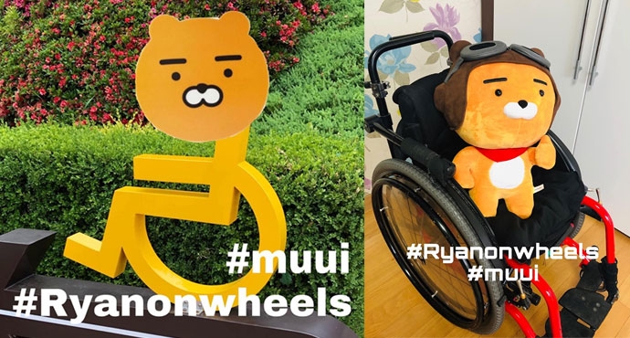 장애인이동권콘텐츠제작 협동조합 무의(muui)가 #휠체어탄라이언 챌린지에 나섰다. 휠체어를 탄 라이언의 모습. 사진 무의 