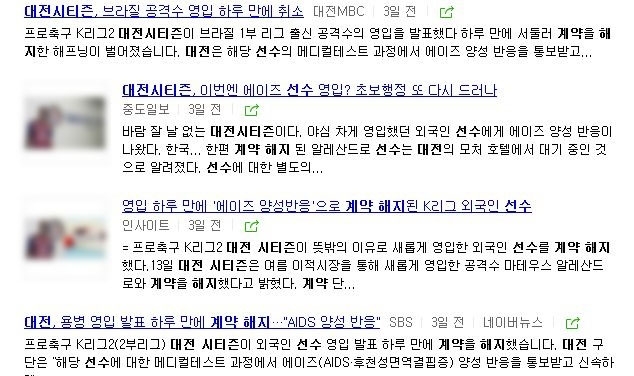 포털사이트 네이버에서 ‘대전시티즌 선수 계약해지’를 검색하자 ‘에이즈’라는 단어를 사용한 기사 수십 개가 검색됐다. 모자이크 없이 해당 선수의 사진도 노출되고 있다. 네이버 검색 결과 갈무리