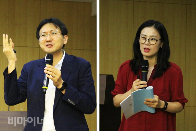 22일 국회의원회관 제2세미나실에서 열린 ‘장애인학대 가해자 처벌 강화와 피해자 지원 방안 토론회’ 발제를 맡은 최정규 경기장애우권익문제연구소 소장(왼쪽)과 김예원 장애인권법센터 변호사(오른쪽)의 모습. 사진 허현덕