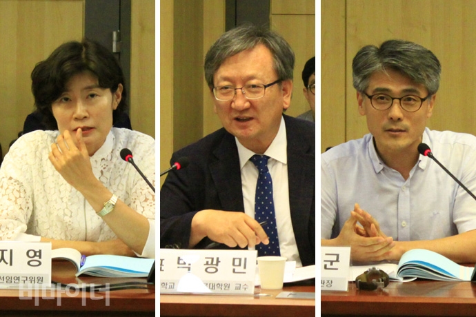 22일 국회의원회관 제2세미나실에서 열린 ‘장애인학대 가해자 처벌 강화와 피해자 지원 방안 토론회’에 참가한 토론자들의 모습. 왼쪽부터 김지영 한국형사정책연구원 선임연구위원, 박광민 성균관대학교 법학전문대학원 교수, 은종군 중앙장애인권익옹호기관 관장. 사진 허현덕