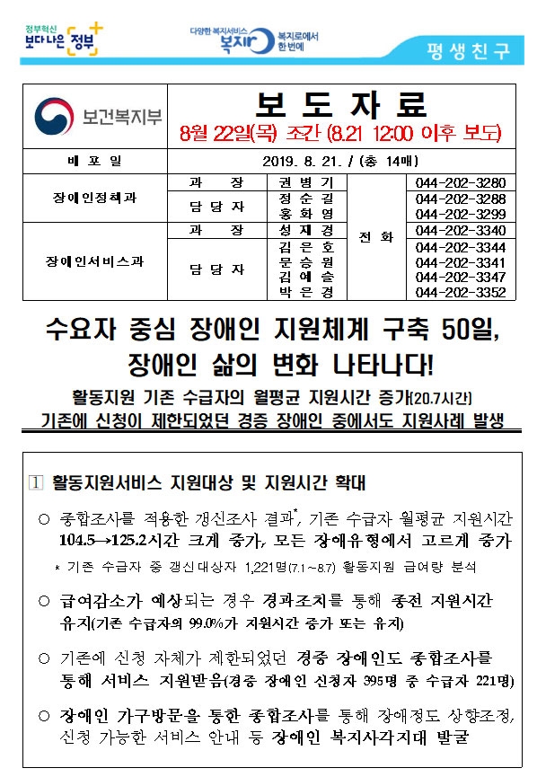 보건복지부가 장애등급제 단계적 폐지 시행 50일 만에 “장애인의 삶에 변화가 나타났다”며 21일 보도자료를 배포했다. 보건복지부 보도자료 갈무리. 보건복지부가 장애등급제 단계적 폐지 시행 50일 만에 “장애인의 삶에 변화가 나타났다”며 21일 보도자료를 배포했다. 보건복지부 보도자료 갈무리.