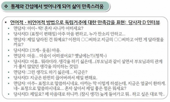 정소연 교수의 ‘지역사회 독립 거주 발달장애인을 위한 생활지원서비스 운영 모델 개발’에 담긴 당사자 인터뷰 내용. 통제와 간섭에서 벗어난 사실에 만족하고 있음이 나타나고 있다. 같은 자료 캡처