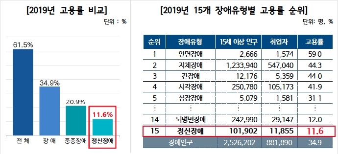 ‘2019년 15개 장애유형별 고용률 순위’ 중앙정신건강복지사업지원단이 한국장애인고용공단 고용개발원의 ‘2019년 장애인경제활동실태조사’ 재구성.