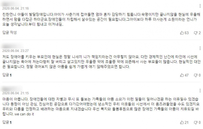 광주 발달장애인 가족의 죽음을 보도한 MBC의 “발달장애 가족의 잇단 비극…대책은?”에 달린 댓글 캡처.  