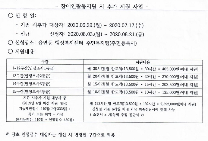 화성시가 기존 활동지원 시 추가 대상자에게 보낸 공문 내용 중 일부. 화성시 공문 캡처