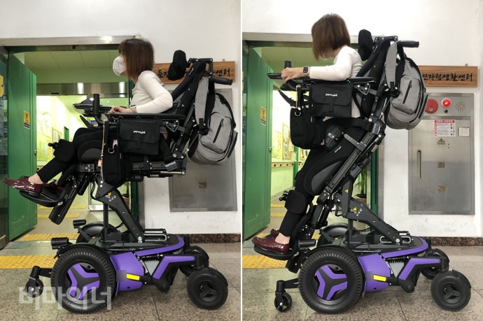 이번에 새로 산 다기능 휠체어. 버튼 하나로 좌석 높낮이 조절이 가능하며, 일어서는 기능이 있다. 사진 강혜민