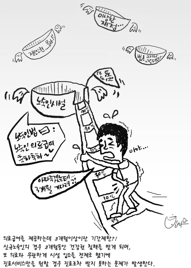 열악한 노숙인 의료 지원 현실을 풍자한 그림. 3일, 10일, 30일 등 기간이 써진 사다리를 아픈 사람이 부여잡고 간신히 오르고 있다. 그림 아래에는 “의료급여를 제공하는데 3개월 이상이란 기간 제한?! 신규노숙인의 경우 3개월 동안 건강권 침해를 받게 되며, 의료와 무관하게 시설 입소를 전제로 했기에 진료 서비스만을 원할 경우, 진료조차 받지 못하는 문제가 발생한다”는 문구가 쓰여 있다. ⓒ홈리스행동 