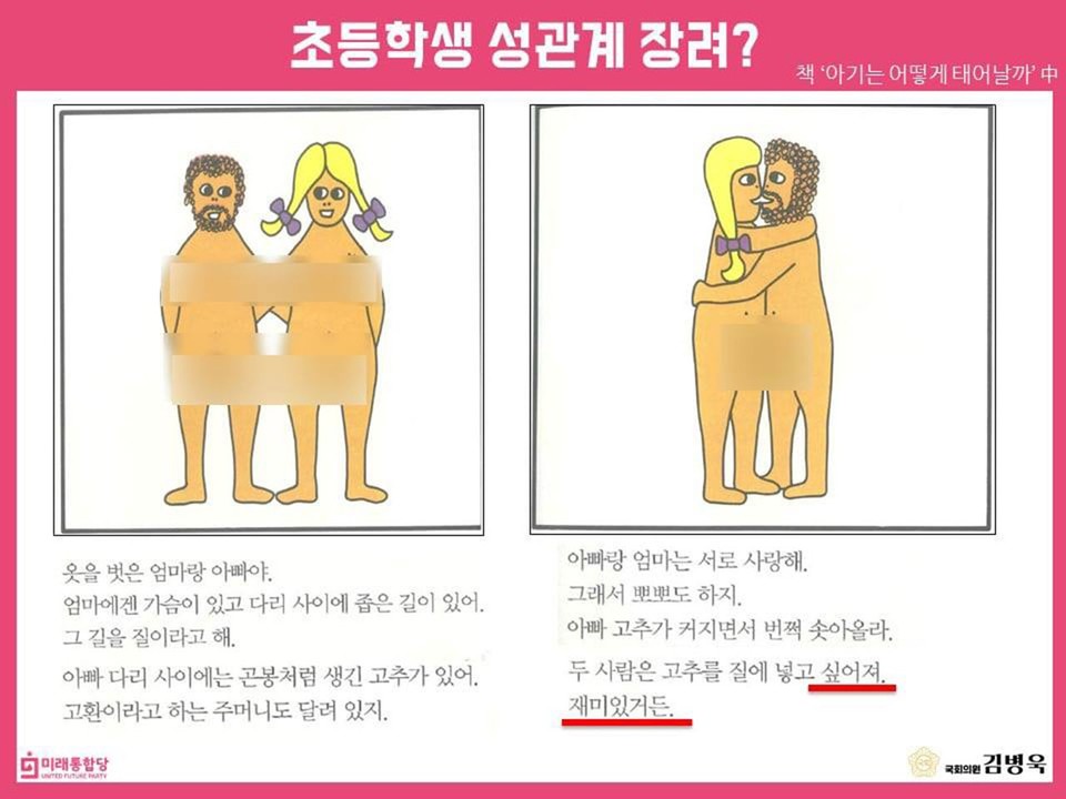 김병욱 의원이 배포한 이미지. 의원실은 『아기는 어떻게 태어날까』 삽화에서 남녀 성기 부분을 모자이크 처리하고 그림 설명에서 “(두 사람은 고추를 질에 넣고 싶어져. 재미있거든”에서 “싶어져, 재미있거든”을 강조했다.