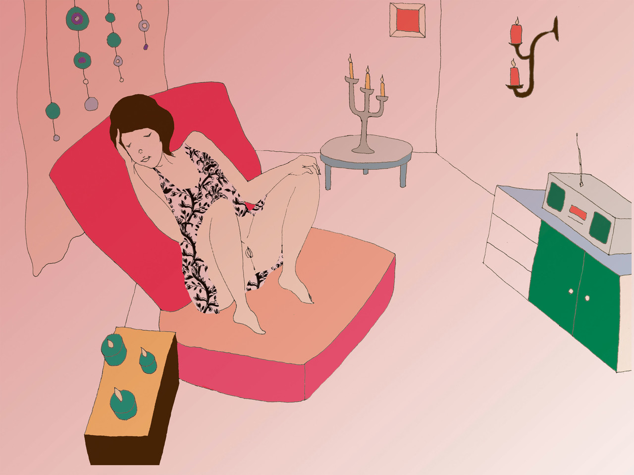 붉은 조명이 은은한 혼자만의 방 안에 한 여성이 편하게 쇼파에 기대어 있다. 촛불과 음악을 켜놓고 자위로 자신을 사랑하기 위한 준비를 하고 있다. 장애여성을 위한 성교육 교재 『장애여성공감 성을 밝히다』(2009) 삽화. ⓒ장애여성공감