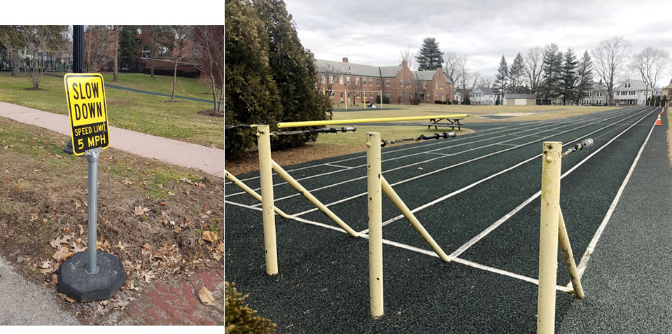 (왼쪽) 퍼킨스맹인학교 교정의 속도 제한 표지. (오른쪽) 맹인 학생들을 위해 만들어진 육상 트랙. ⓒ김승섭