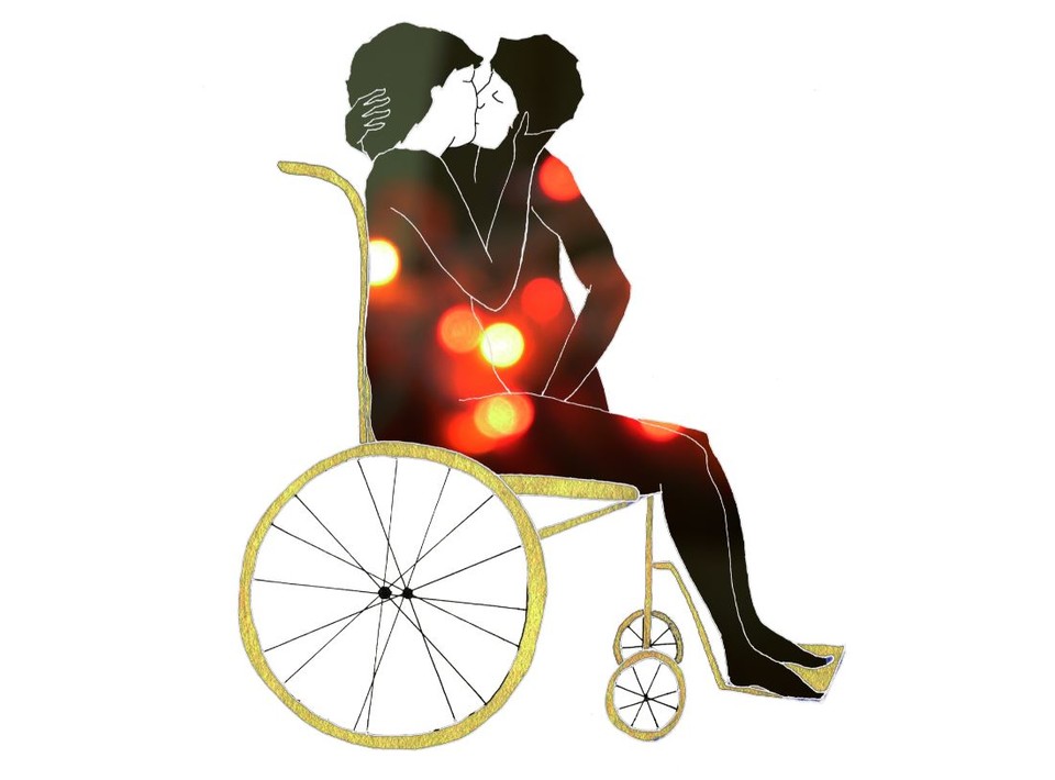 휠체어 탄 사람이 어떤 한 사람과 입을 맞추고 있다. 장애여성을 위한 성교육 교재 ‘장애여성공감 성을 밝히다’(2009). 제공 장애여성공감