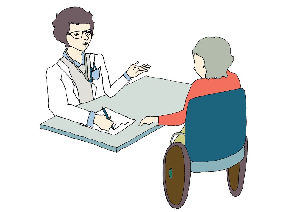 의사와 휠체어를 탄 사람이 이야기를 나누고 있다. 장애여성을 위한 성교육 교재 『장애여성공감 성을 밝히다』(2009) 삽화. ⓒ장애여성공감