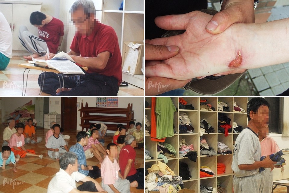 지난 2011년 시설인권연대 등 장애인 인권단체와 보건복지부, 한나라당 이정선 의원 등으로 이루어진 장애인 미신고생활시설인권실태 민관합동조사단이 경기도 화성에 위치한 미신고시설을 찾았다. 한 거주인이이 묶여 있다(위 왼쪽). 결박당한 거주인의 손목에 상처가 있다(위 오른쪽). 거주인들이 한 방에 20명씩 지내고 있다(아래 왼쪽). 한 시설에서 십여 년을 살았음에도 거주인들에게 ‘개인 물품’은 없었다(아래 오른쪽). ⓒ장애인미신고생활시설 인권실태 민관합동조사단