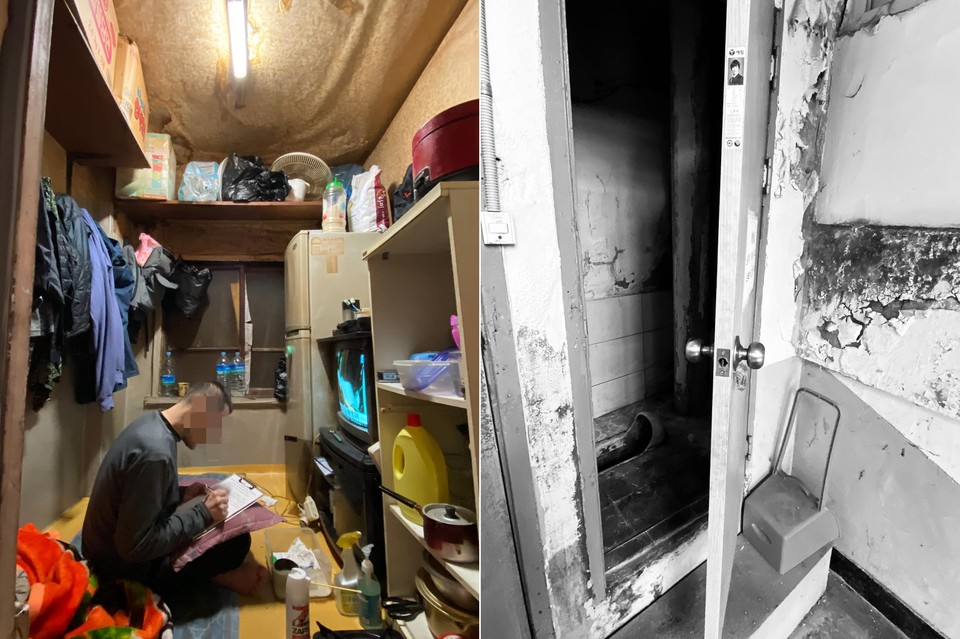 왼쪽 사진에는 동자동 쪽방촌 주민이 용산구청에 제출할 의견서를 작성하는 모습이 담겨있다. 1평 남짓한 방이 매우 좁게 느껴진다. 오른쪽에는 동자동 쪽방촌 공용화장실을 찍은 사진이 있다. 사진 동자동사랑방