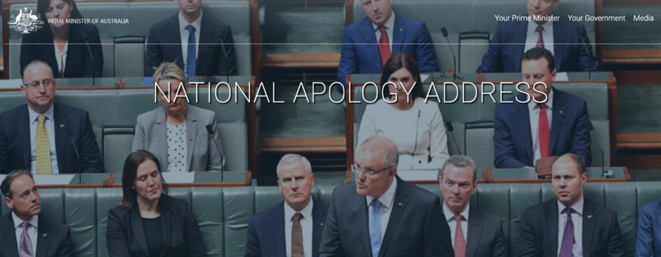 스콧 모리슨 호주 총리가 지난 2018년 10월, 호주 전역의 기관과 시설에서 아동 성폭력을 당한 피해생존자를 위해 국가 차원의 공식적인 사과를 표명했다. 사진 캡쳐 호주 정부 홈페이지