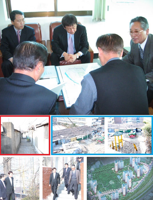 2005년 3월 23일, 당시 지역 국회의원이던 진영이 용산구 신계동에 있는 신계재개발조합을 방문했다. 당시 진영 홈페이지 게시물. 가운데 줄의 왼쪽 사진(빨간네모)이 2008년 철거된 강정희 집 앞 골목이다. 오른쪽 두 장(파란네모)은 강정희의 딸이 어릴 적 살던 놀이터 앞 집들이다. 마음 편히 흙 밟고 놀기를 바라며 고른 집이었다.