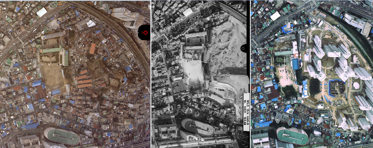 왼쪽에서부터 신계동의 2006년, 2008년, 2010년. 국토지리정보원 항공사진 편집.