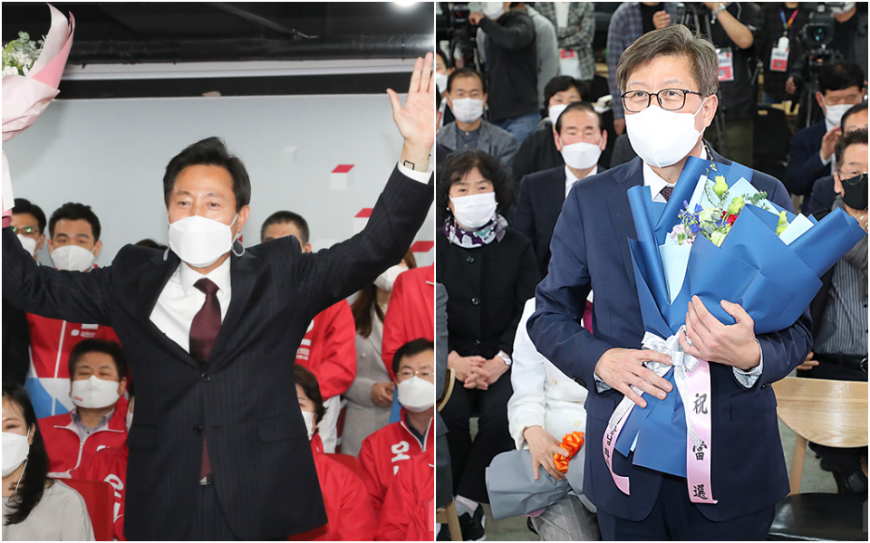 4.7 재보궐선거에서 오세훈 국민의힘 서울시장 후보와 박형준 국민의힘 부산시장 후보가 각각 당선되어 8일부터 임기가 시작됐다. 사진출처 국민의힘 홈페이지