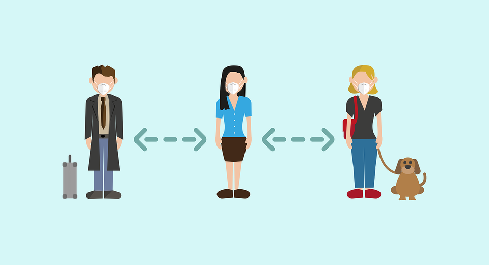 코로나바이러스 감염을 나타내는 그림. 마스크를 쓴 사람들이 있고, 그 사이가 화살표로 연결되어 있다. 출처 픽사베이