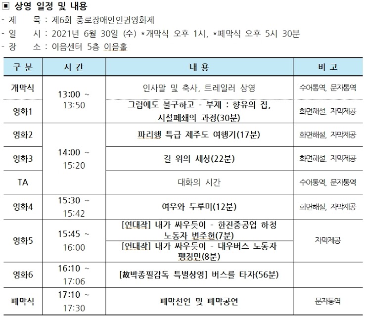 영화제 상영 시간표. 사진 종로장애인인권영화제